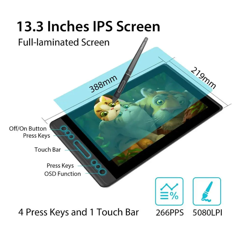 Huion Kamvas Pro 13 | Tableta Gráfica con Pantalla LCD 13”, 8192 Niveles de Presión y Lápiz Digital sin Batería