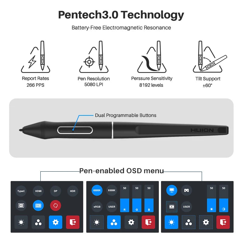 Huion Kamvas Pro 16 (2.5K) | Tableta Gráfica con Pantalla QHD 15.6”, 145% sRGB QLED y Lápiz PenTech 3.0