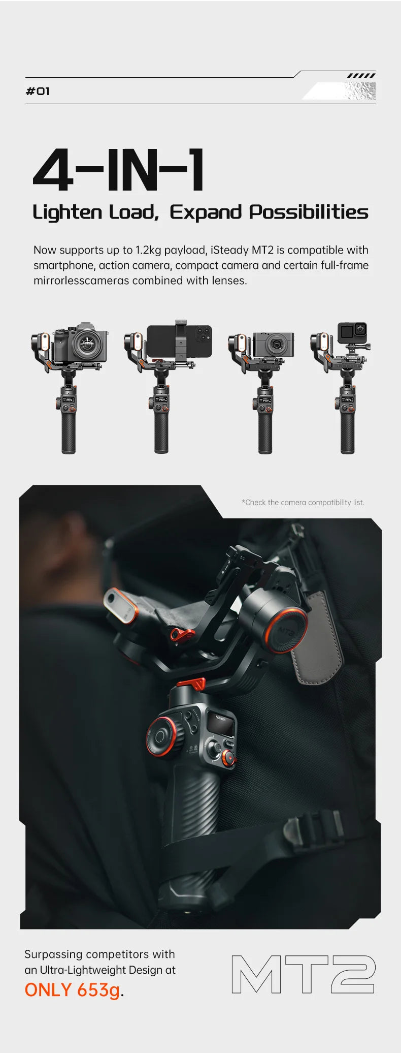 Hohem iSteady MT2 Handheld Gimbal Stabilizer Selfie Stick Extension Rod with AI Magnetic Fill Light Full Color Video Lighting