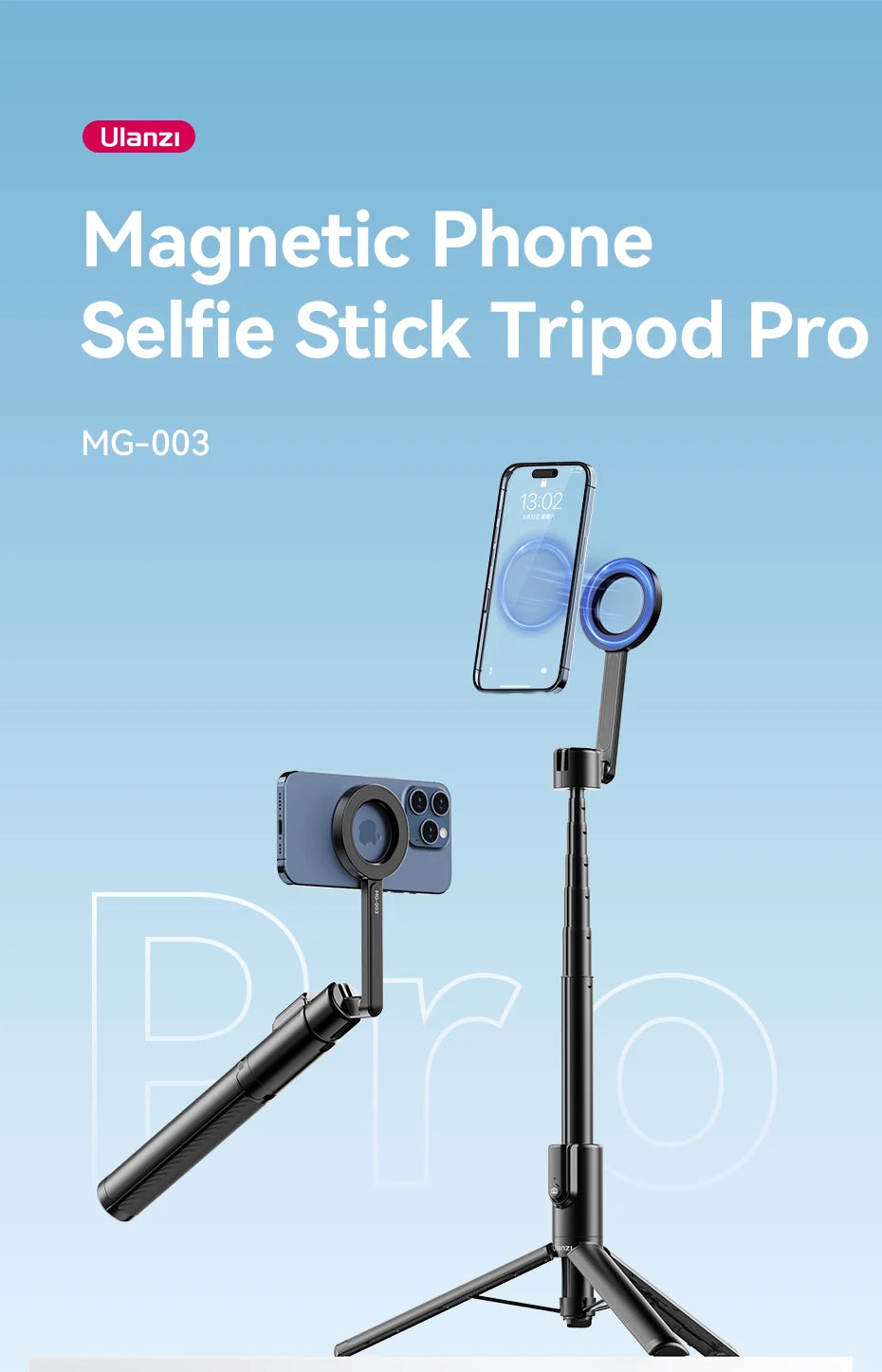 Ulanzi MG-003 Pro Magnetic Phone Selfie Stick Tripod 1.36m Extendable Selfie Tripod for iPhone 15 14 13 12 Vlog Livestreaming