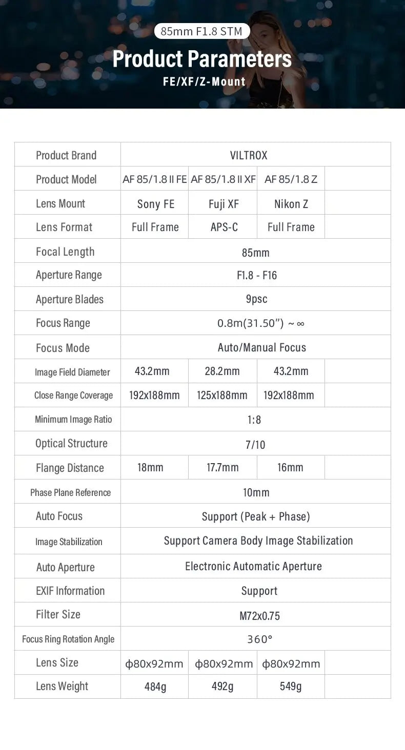 VILTROX 85mm F1.8 Version 2 Auto Focus Full Frame Camera Lens for Fujifilm X Sony E Nikon Z Mount Camera Telephoto Lens