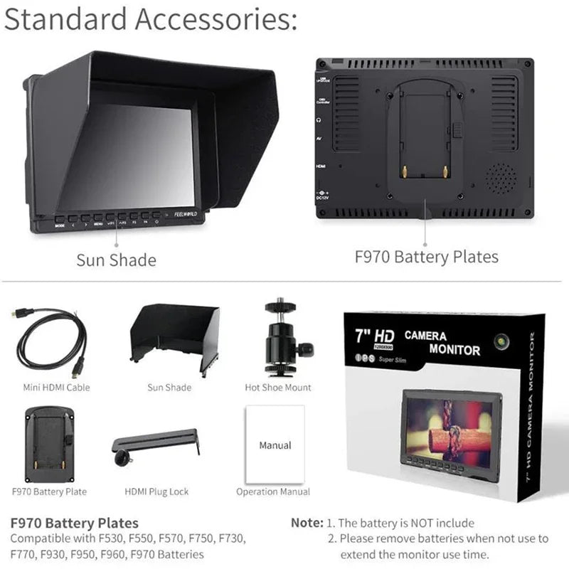 Feelworld FW759 7 Inch IPS 1280x800 Camera Field DSLR Video Monitor with Peaking Focus HD 7" LCD Monitor for BMPCC Canon Sony