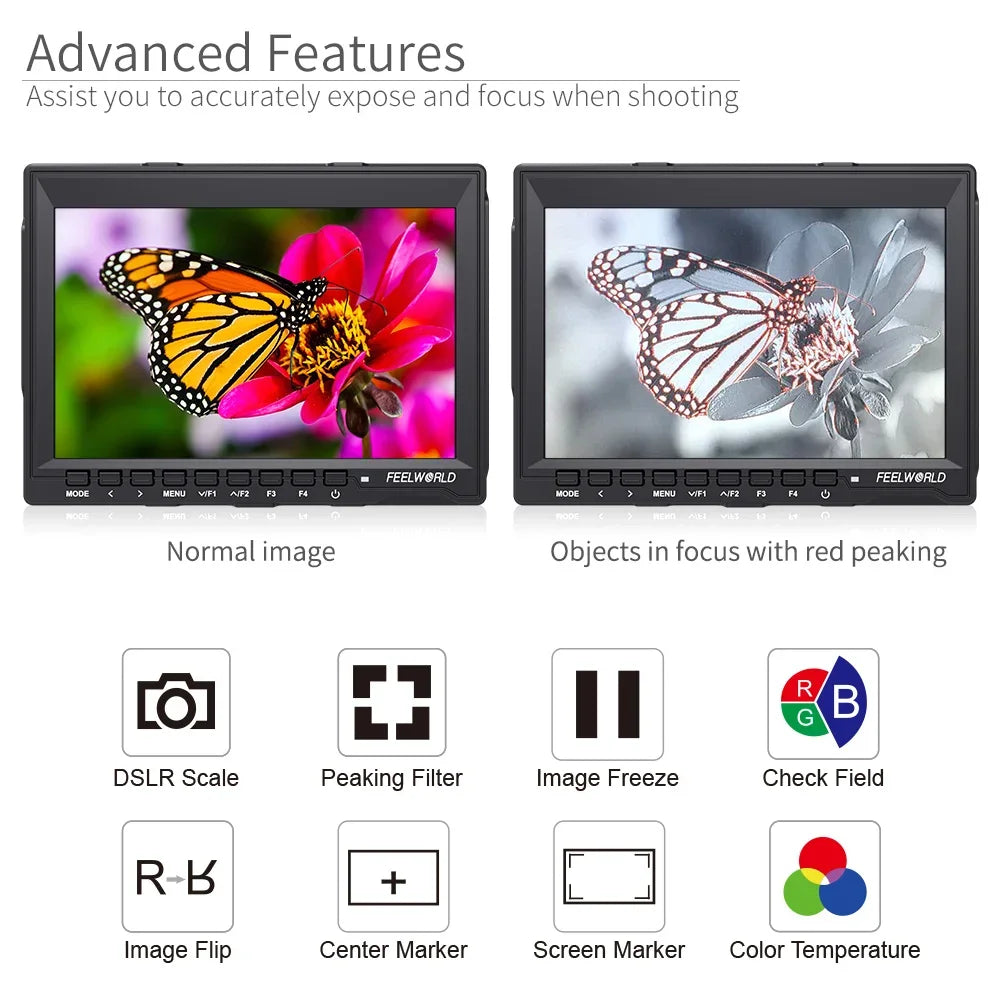 Feelworld FW759 7 Inch IPS 1280x800 Camera Field DSLR Video Monitor with Peaking Focus HD 7" LCD Monitor for BMPCC Canon Sony