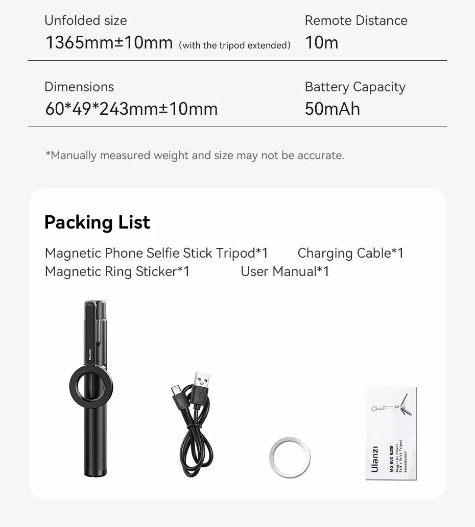 Ulanzi MG-003 Pro Magnetic Phone Selfie Stick Tripod 1.36m Extendable Selfie Tripod for iPhone 15 14 13 12 Vlog Livestreaming