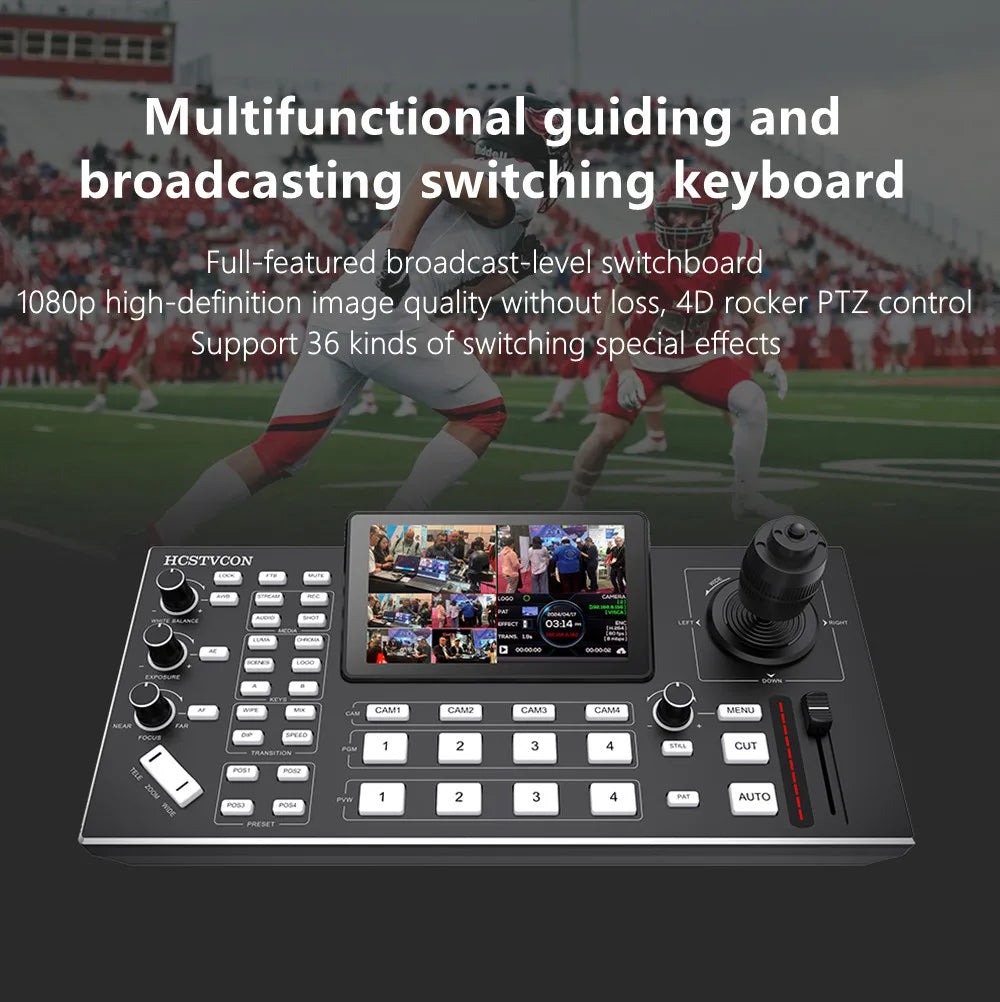 2 in 1 HDMI Video Switcher 4 Channel 5.5 Inch Full HD Screen Mixer Switcher Camera Control Keyboard for Broadcast Live Stream