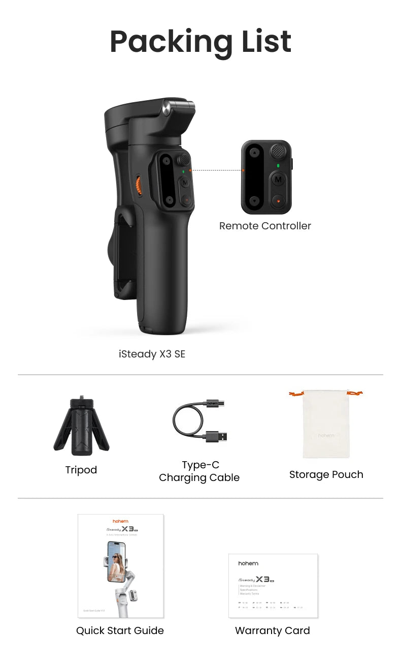 Hohem iSteady X3 SE 3-Axi Gimbal Stabilizer with Remote Control and Foldable Phone Stabilizer for iPhone/Samsung/Xiaomi/HuaWeii