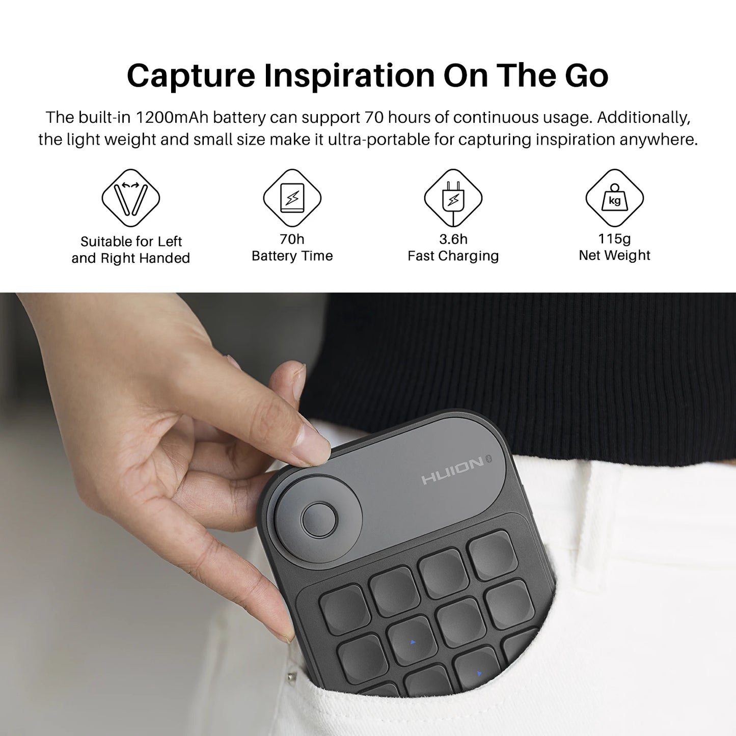 Huion Keydial K20 | Teclado Mini Inalámbrico con 18 Teclas Personalizables y Dial para Tabletas Gráficas, PC y Móviles