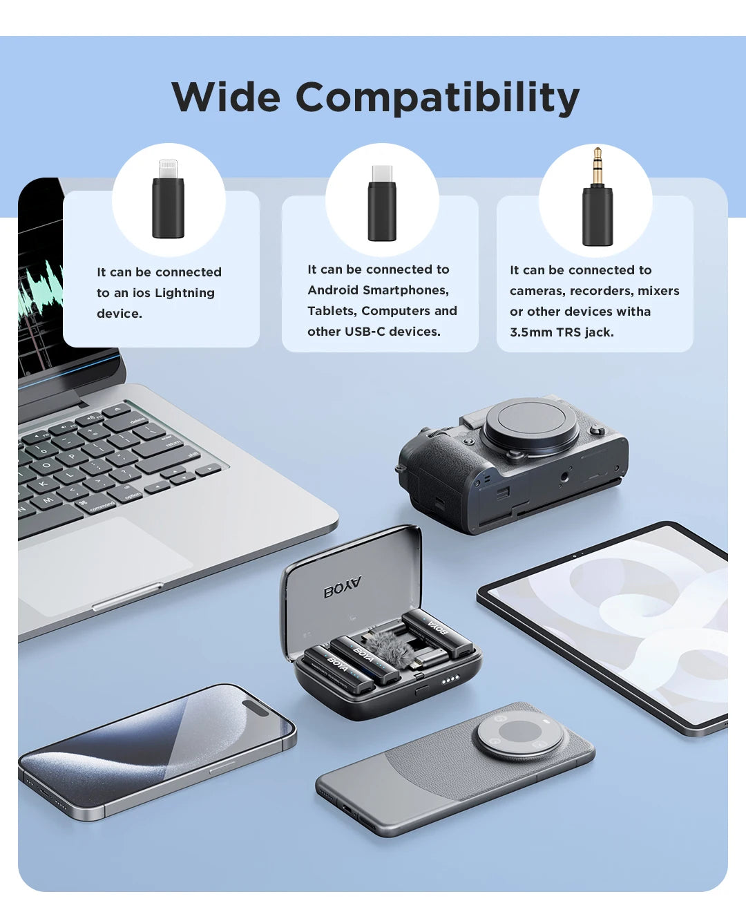 BOYA BOYALINK 2 – Micrófono Lavalier Inalámbrico (300m, 24bit, con Estuche de Carga) para iPhone, Android y Cámaras DSLR
