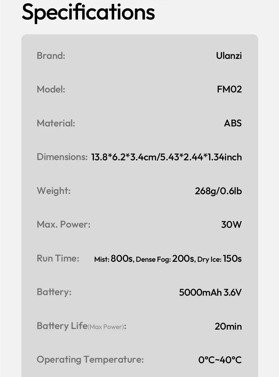 Ulanzi FM02 Electric Fog Machine FILMOG X 3 Modes Mist Dense Fog Dry Ice with Type-C Charging Portraits Shots Food Photography