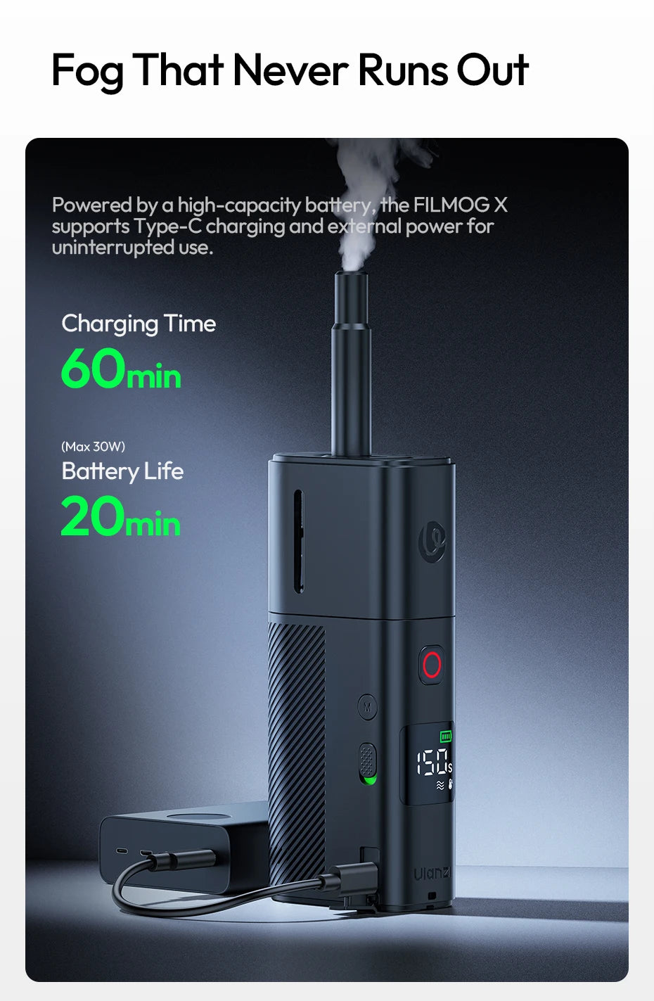 Ulanzi FM02 Electric Fog Machine FILMOG X 3 Modes Mist Dense Fog Dry Ice with Type-C Charging Portraits Shots Food Photography