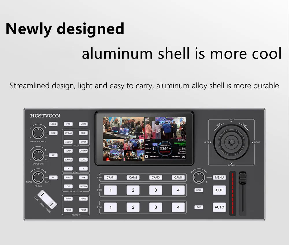 2 in 1 HDMI Video Switcher 4 Channel 5.5 Inch Full HD Screen Mixer Switcher Camera Control Keyboard for Broadcast Live Stream