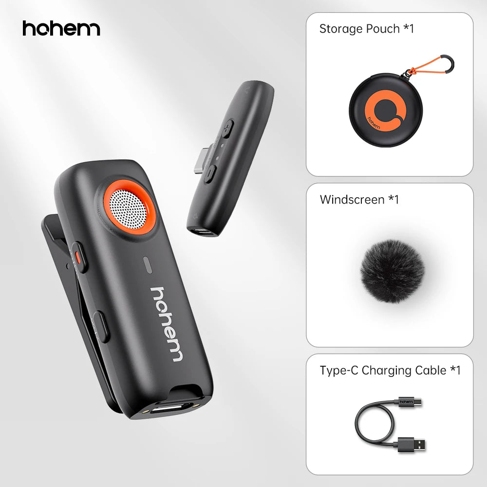 Hohem MIC-01 Wireless Lavalier Lapel Microphone for iPhone Android SmartPhone PC Computer USB-C Devices Youtube Recording Stream