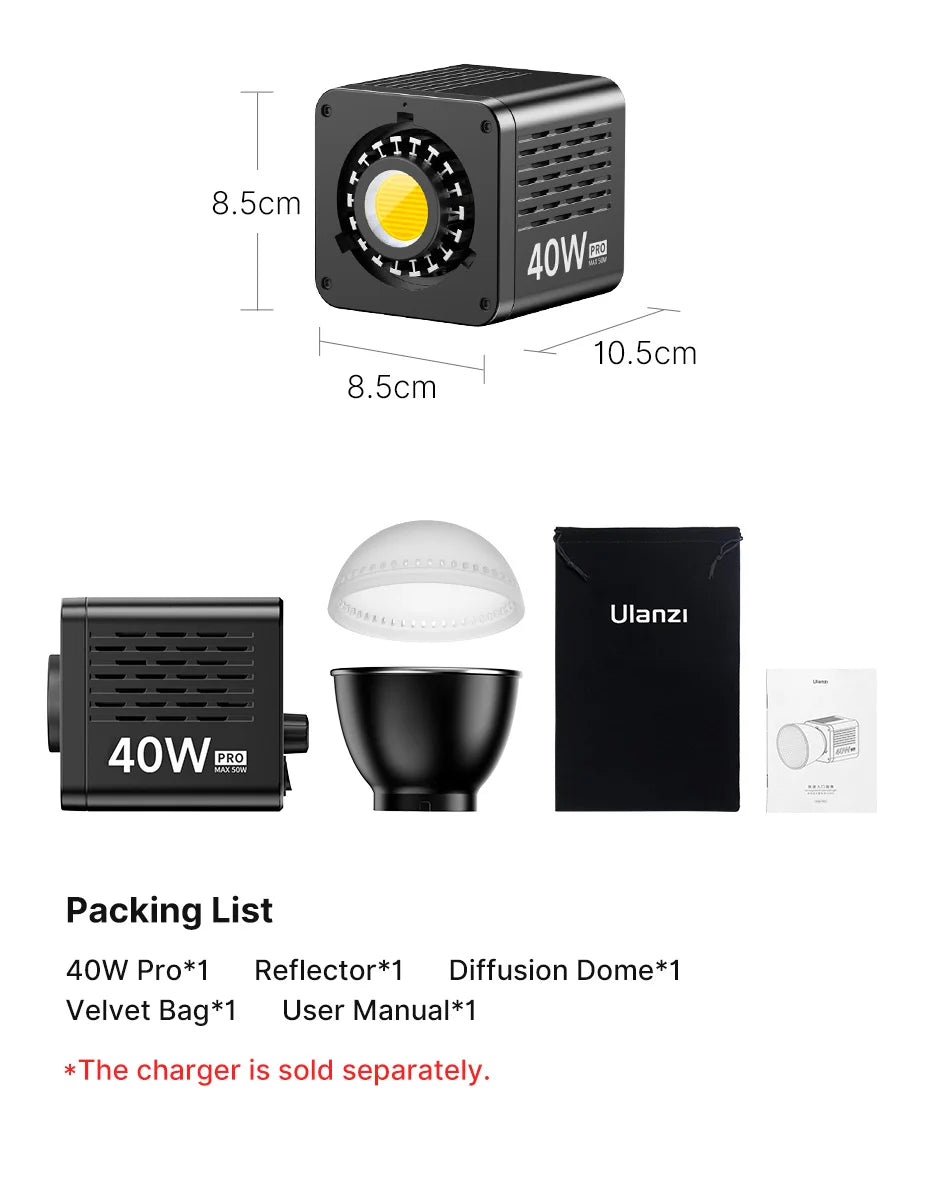 Ulanzi L023 40W Pro Video Light Mini Bowens Mount COB Light Bi-color 2500-6500K 3400mAh Video Light for Photography