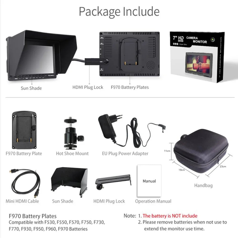 Feelworld FW759 7 Inch IPS 1280x800 Camera Field DSLR Video Monitor with Peaking Focus HD 7" LCD Monitor for BMPCC Canon Sony