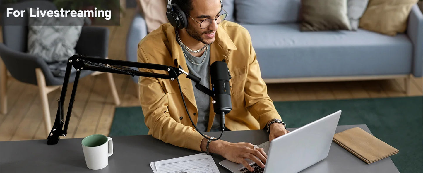 NearStream USB/XLR Mic Set – Micrófono Dinámico Profesional con Brazo Boom para Podcast, Gaming y Streaming