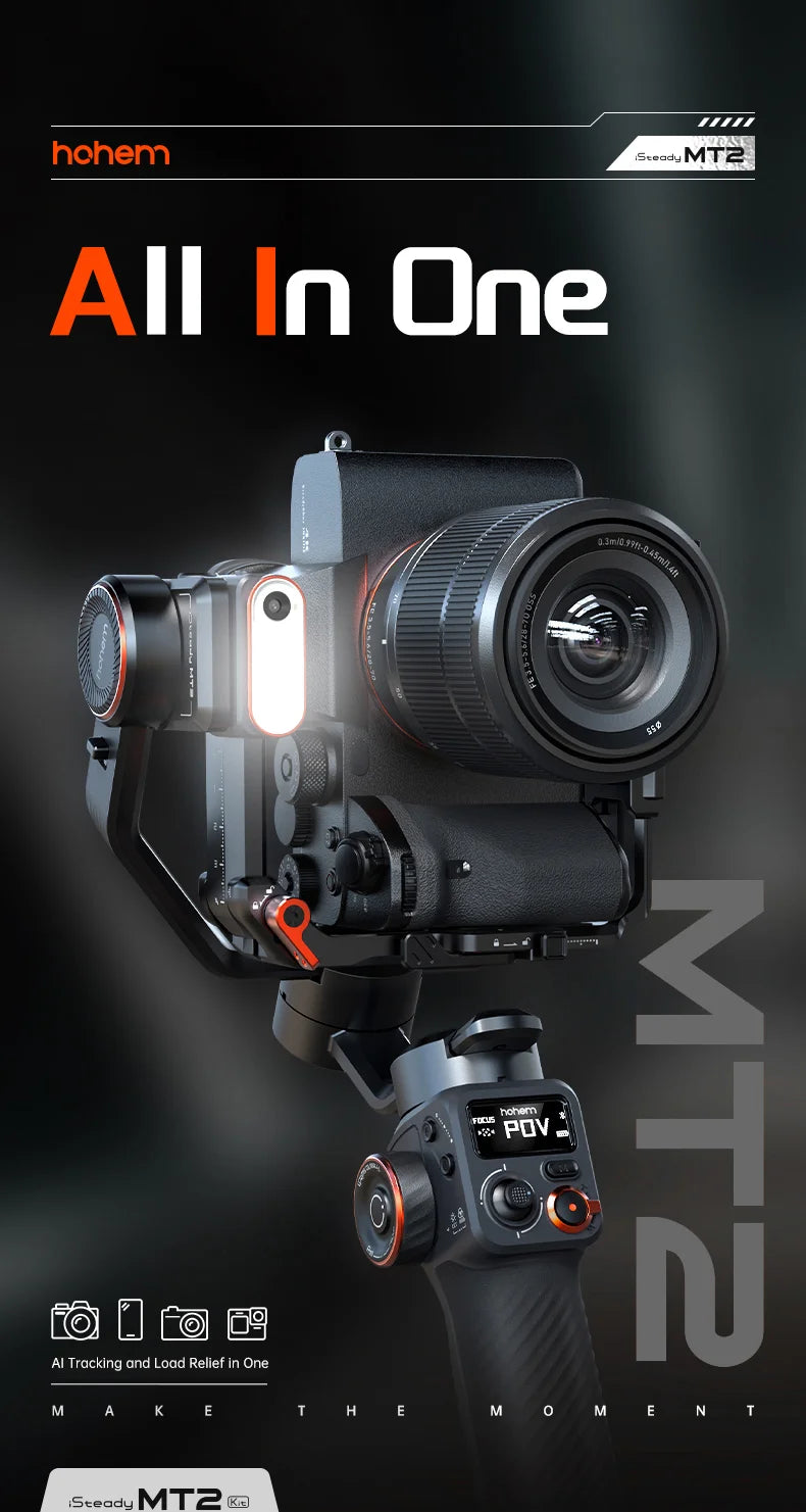Hohem iSteady MT2 Handheld Gimbal Stabilizer Selfie Stick Extension Rod with AI Magnetic Fill Light Full Color Video Lighting