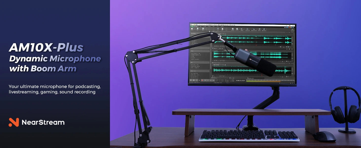 NearStream USB/XLR Mic Set – Micrófono Dinámico Profesional con Brazo Boom para Podcast, Gaming y Streaming