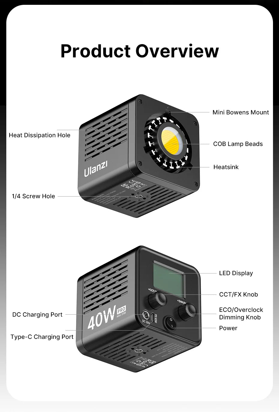 Ulanzi L023 40W Pro Video Light Mini Bowens Mount COB Light Bi-color 2500-6500K 3400mAh Video Light for Photography