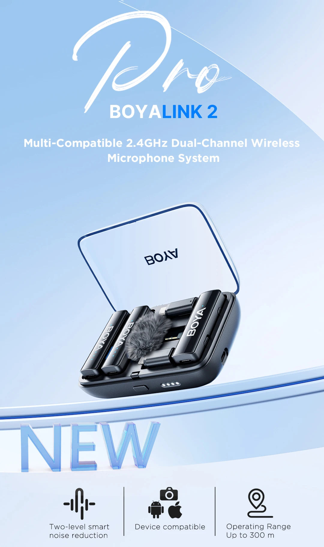 BOYA BOYALINK 2 – Micrófono Lavalier Inalámbrico (300m, 24bit, con Estuche de Carga) para iPhone, Android y Cámaras DSLR