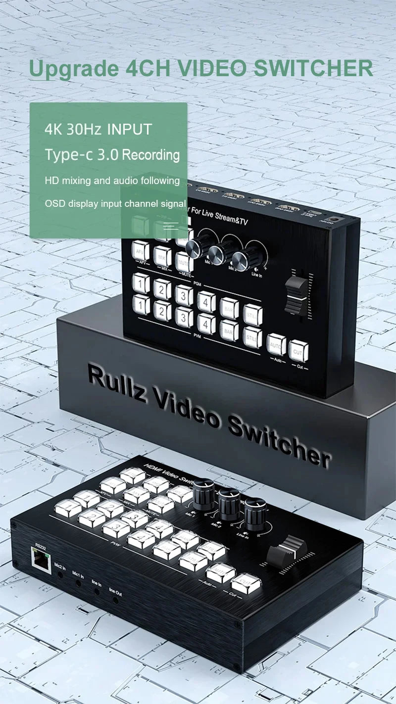 Multi Camera 4 Channel HDMI Video Mixer Switcher Video Capture 1080p60 Live Streaming PGM Seamless Switch Output 6 Pictures PVW