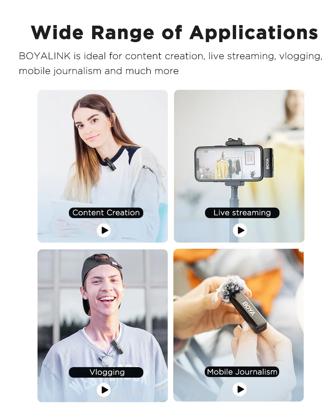 BOYA BOYALINK 2 – Micrófono Lavalier Inalámbrico (300m, 24bit, con Estuche de Carga) para iPhone, Android y Cámaras DSLR