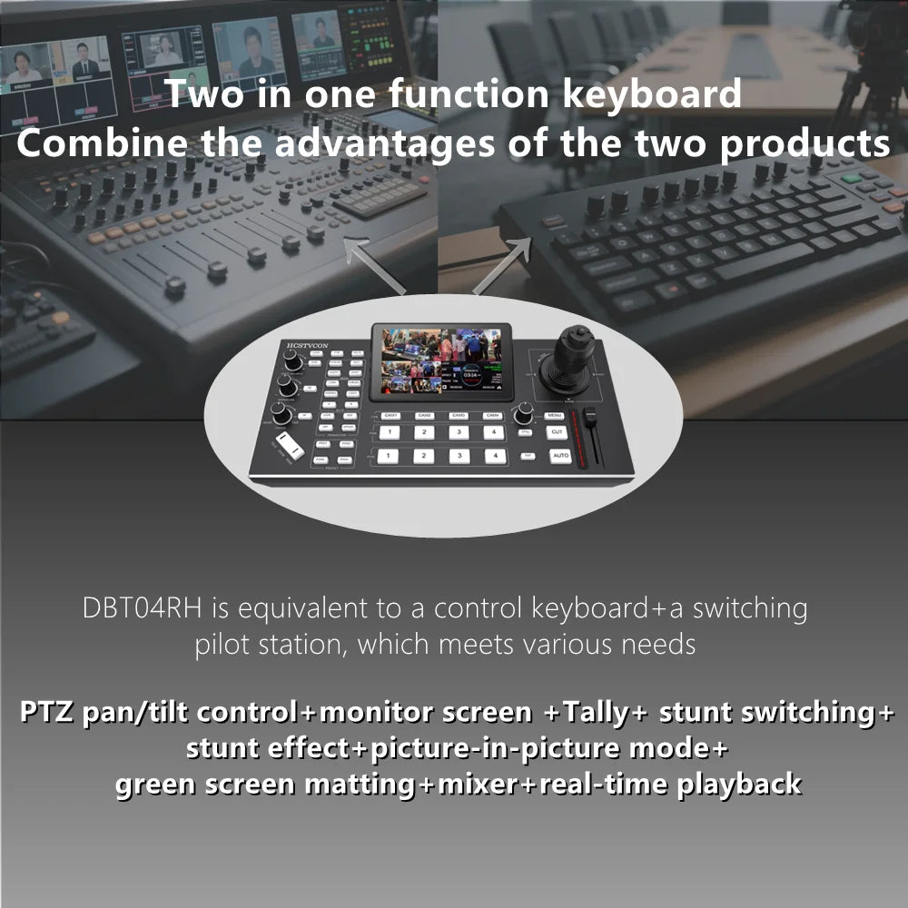 2 in 1 HDMI Video Switcher 4 Channel 5.5 Inch Full HD Screen Mixer Switcher Camera Control Keyboard for Broadcast Live Stream