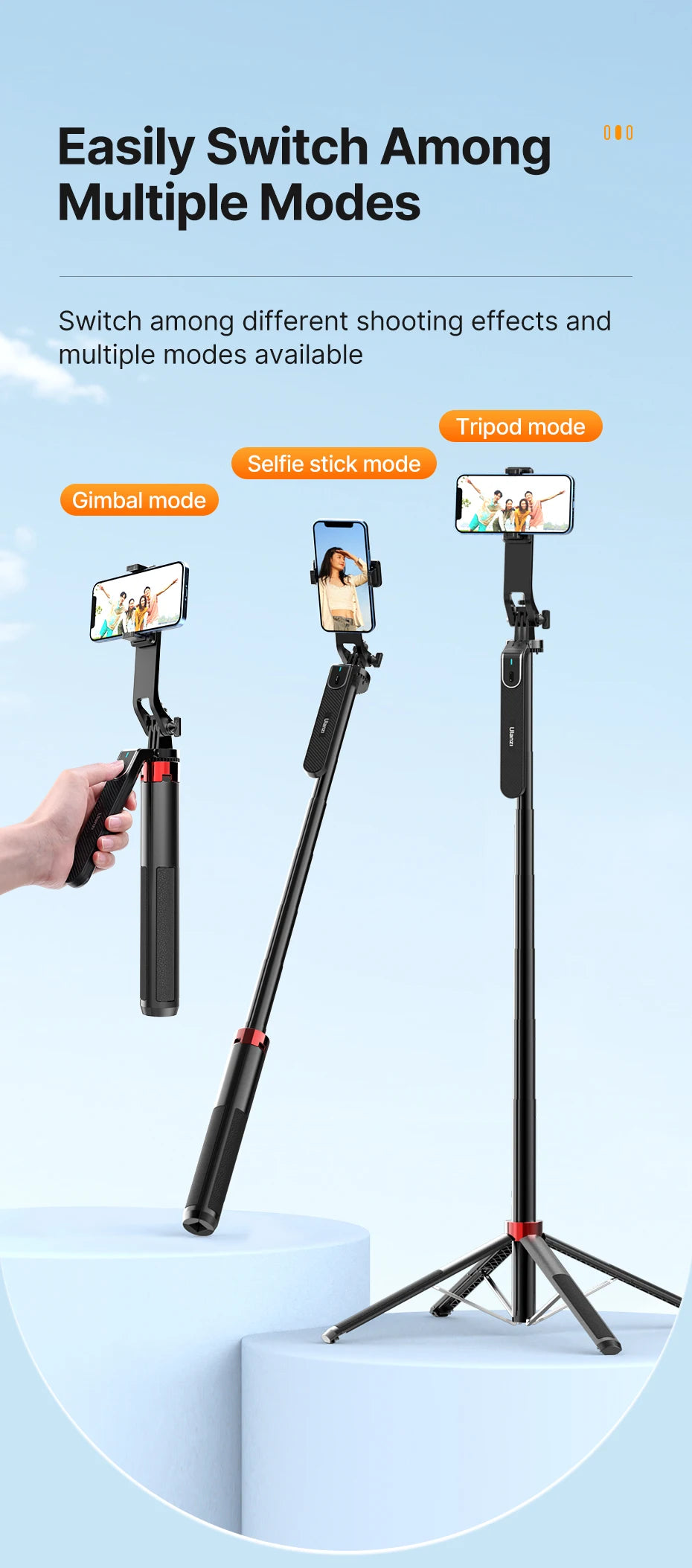 Ulanzi MA09 Smartphone Tripod Bluetooth Selfie Stick Desktop Tripod  for iPhone 12 13 14 GoPro Card Camera Live Streaming Video