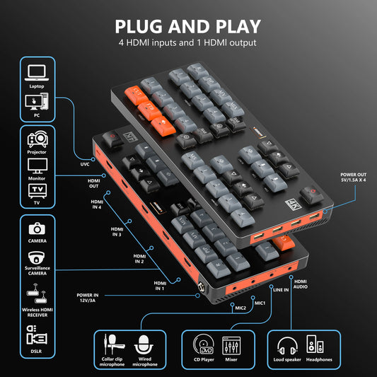 WL100 4k Video Switcher for Live Streaming Equipment Card Mixer Equipments Photo Studio Camera Video Production 4 HDMI-compatibe