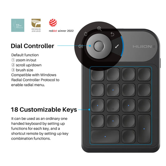 Huion Keydial K20 | Teclado Mini Inalámbrico con 18 Teclas Personalizables y Dial para Tabletas Gráficas, PC y Móviles