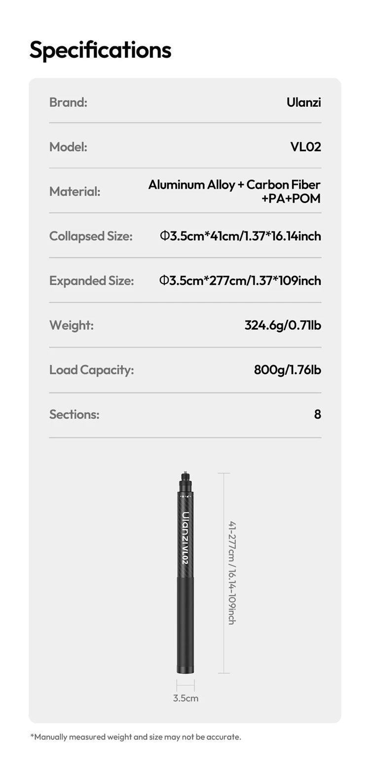 Ulanzi VL02 2.7M Selfie Stick Tripod Smartphone Retractable Invisible Selfie Stick For Gopro Hero 12 11 10 Insta360 X4 X3 X2 DJI