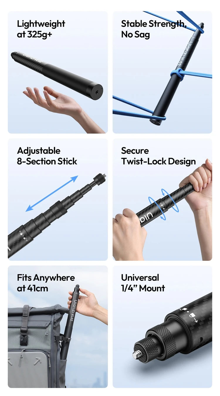Ulanzi VL02 2.7M Selfie Stick Tripod Smartphone Retractable Invisible Selfie Stick For Gopro Hero 12 11 10 Insta360 X4 X3 X2 DJI