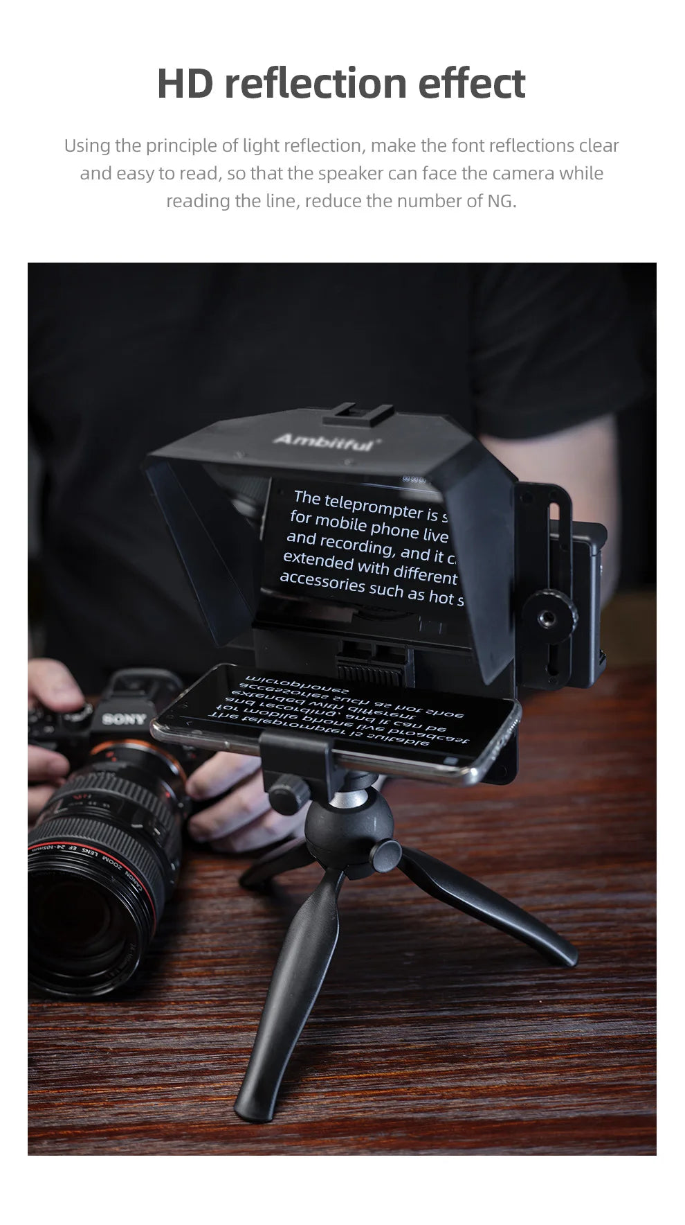 Teleprompter Portátil AMBITFUL Mini – Compatible con Smartphones y Cámaras