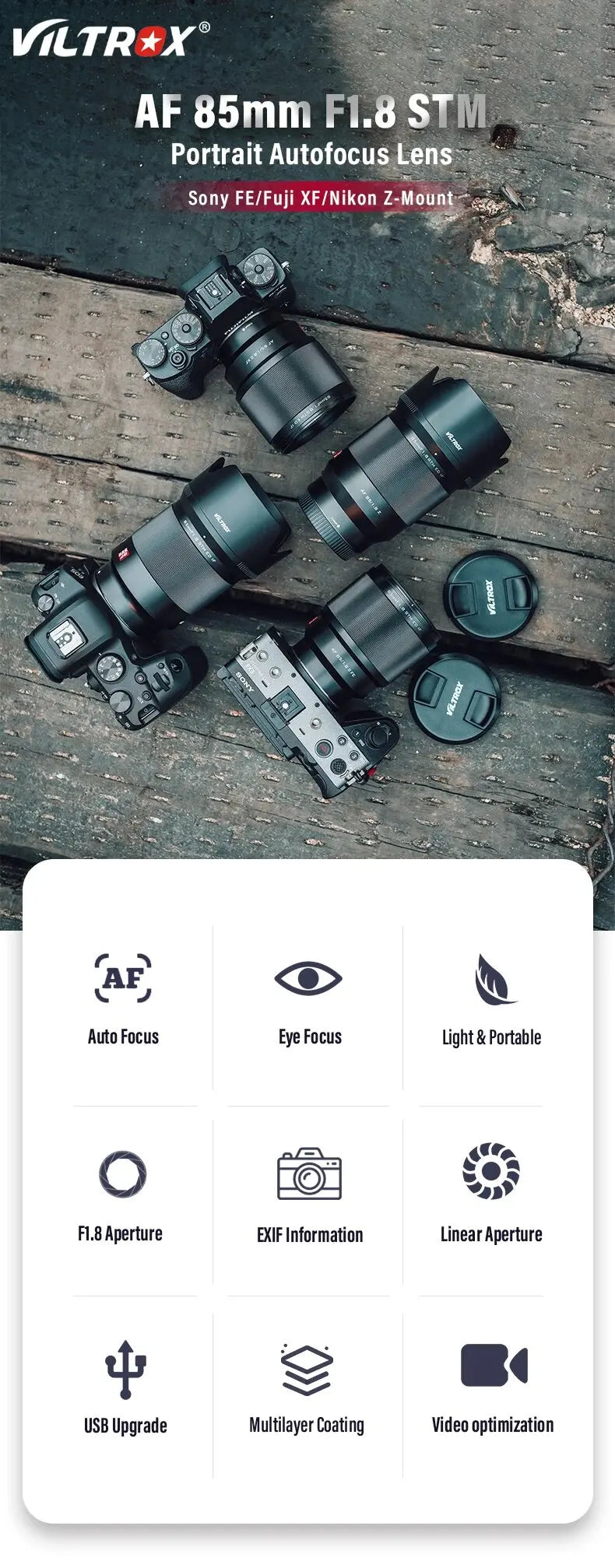 VILTROX 85mm F1.8 Version 2 Auto Focus Full Frame Camera Lens for Fujifilm X Sony E Nikon Z Mount Camera Telephoto Lens