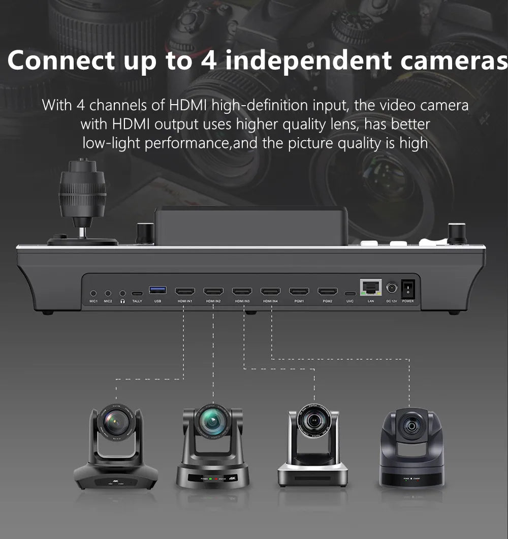 2 in 1 HDMI Video Switcher 4 Channel 5.5 Inch Full HD Screen Mixer Switcher Camera Control Keyboard for Broadcast Live Stream