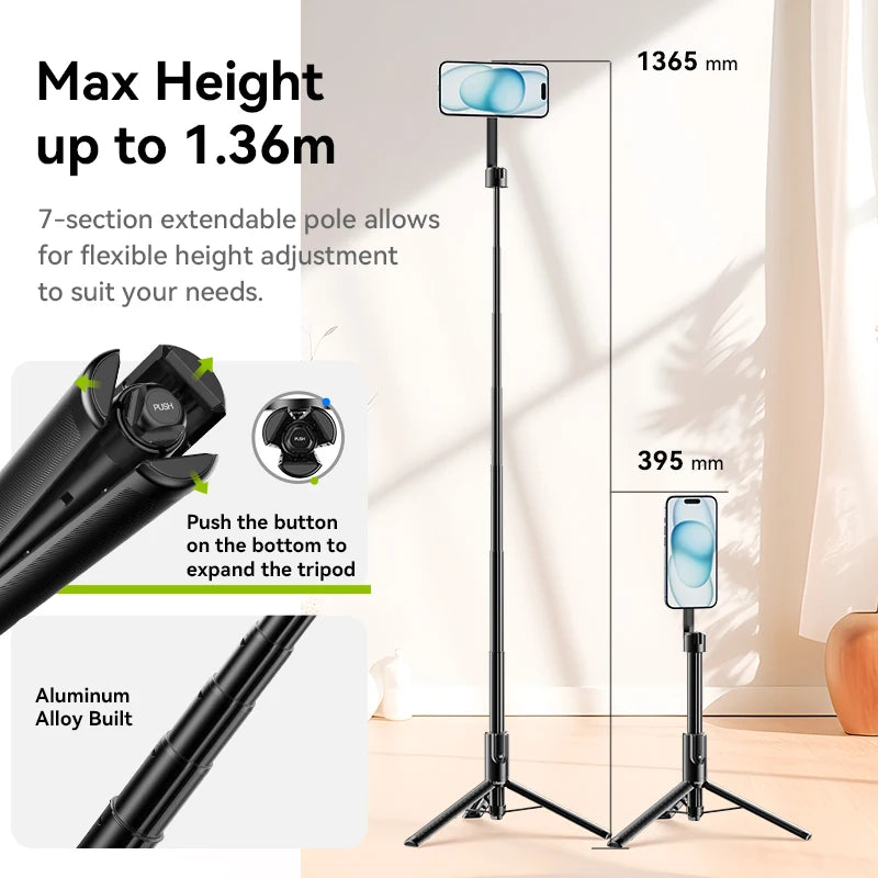 Ulanzi MG-003 Pro Magnetic Phone Selfie Stick Tripod 1.36m Extendable Selfie Tripod for iPhone 15 14 13 12 Vlog Livestreaming