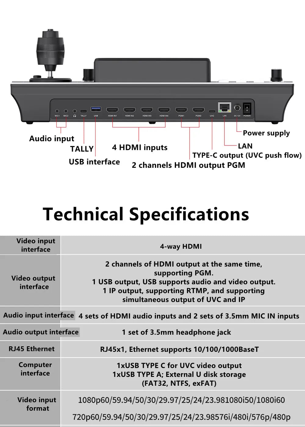 2 in 1 HDMI Video Switcher 4 Channel 5.5 Inch Full HD Screen Mixer Switcher Camera Control Keyboard for Broadcast Live Stream