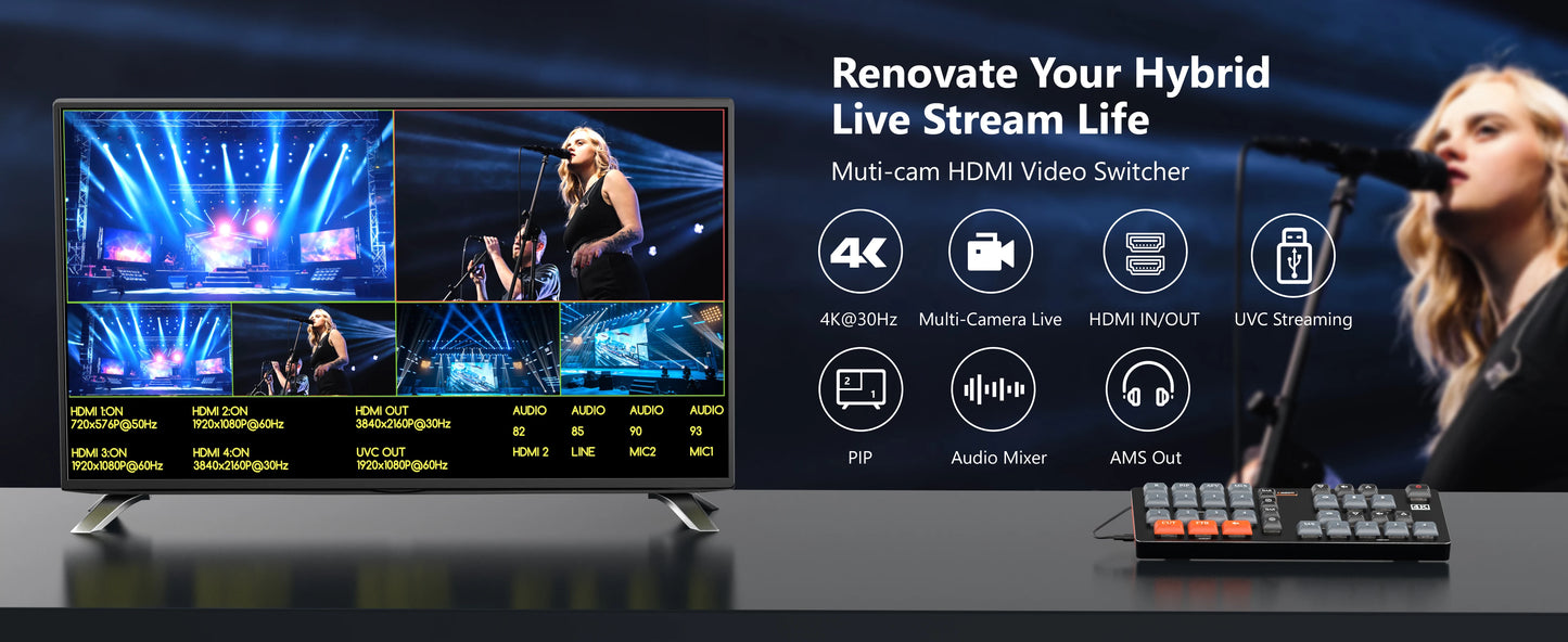 WL100 4k Video Switcher for Live Streaming Equipment Card Mixer Equipments Photo Studio Camera Video Production 4 HDMI-compatibe