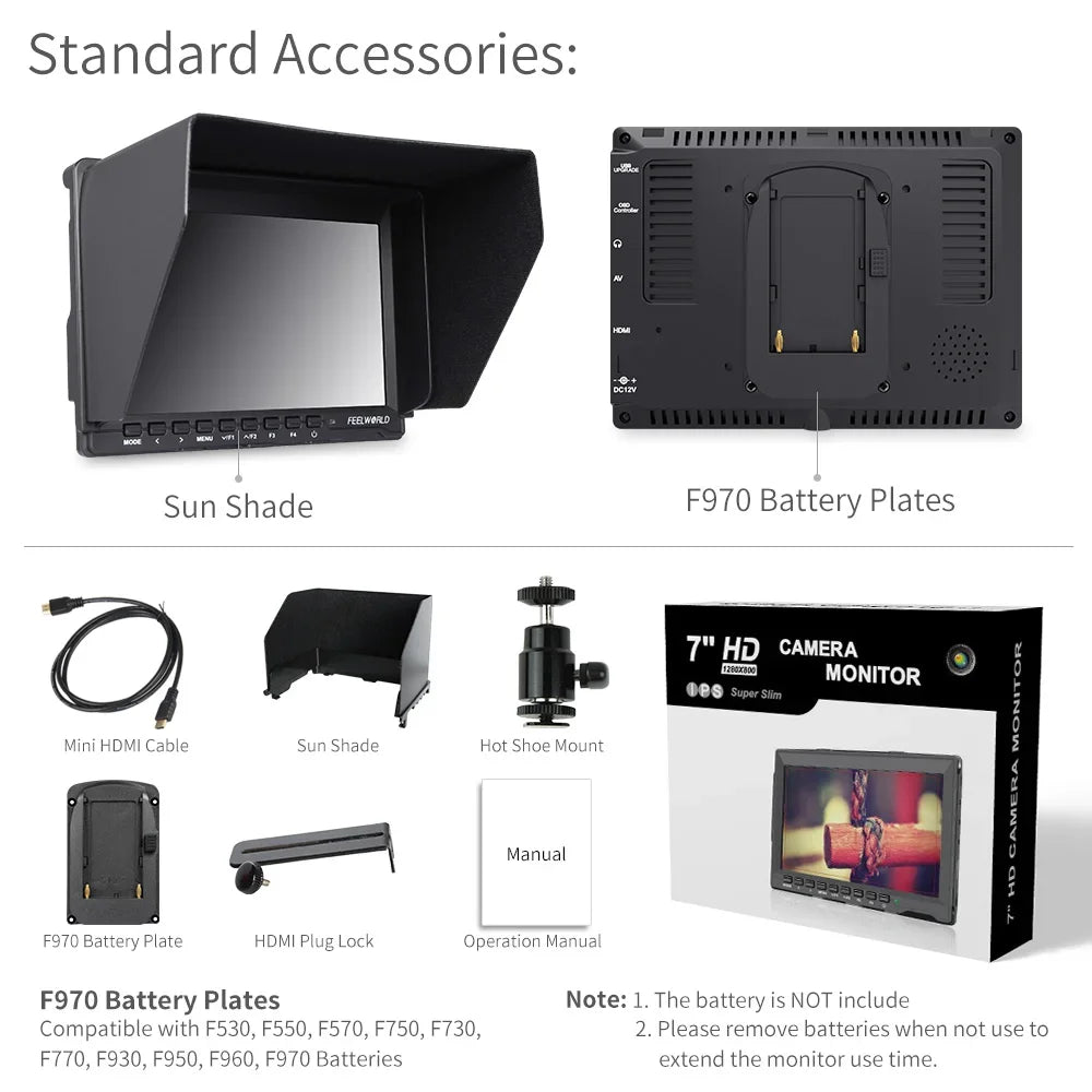 Feelworld FW759 7 Inch IPS 1280x800 Camera Field DSLR Video Monitor with Peaking Focus HD 7" LCD Monitor for BMPCC Canon Sony