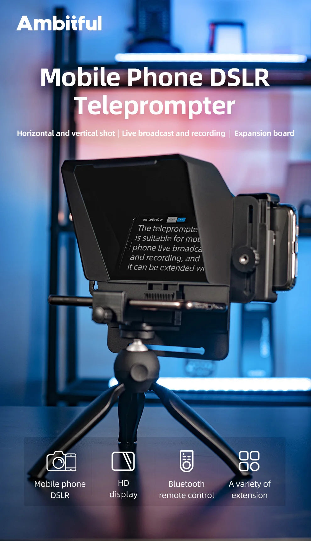 Teleprompter Portátil AMBITFUL Mini – Compatible con Smartphones y Cámaras