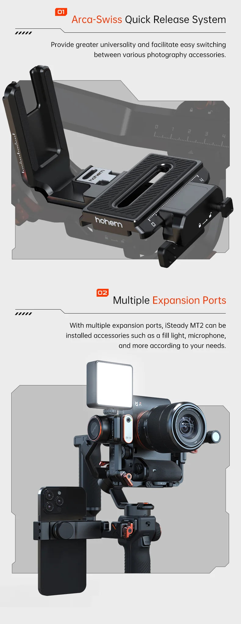 Hohem iSteady MT2 Handheld Gimbal Stabilizer Selfie Stick Extension Rod with AI Magnetic Fill Light Full Color Video Lighting