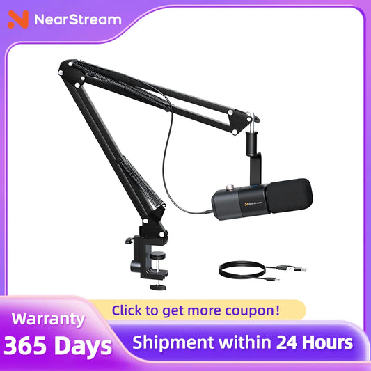 NearStream USB/XLR Mic Set – Micrófono Dinámico Profesional con Brazo Boom para Podcast, Gaming y Streaming