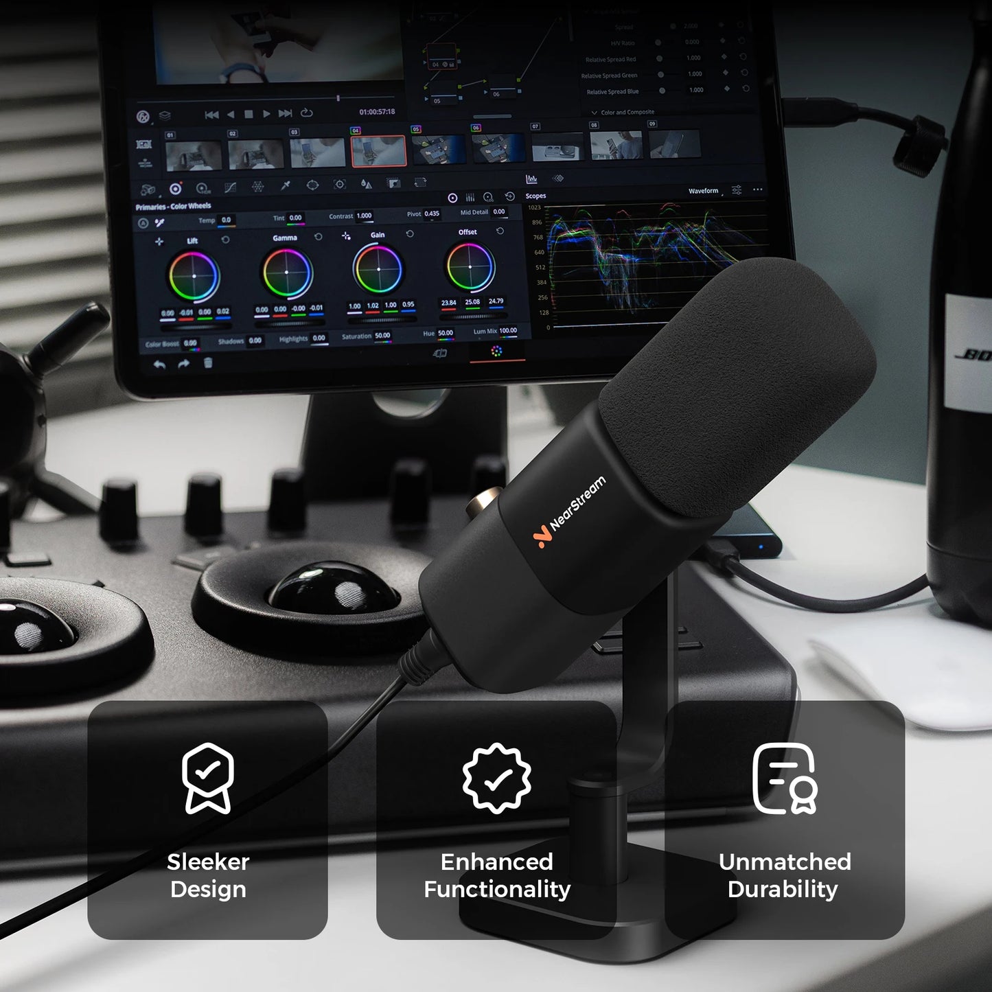 NearStream USB/XLR Mic Set – Micrófono Dinámico Profesional con Brazo Boom para Podcast, Gaming y Streaming