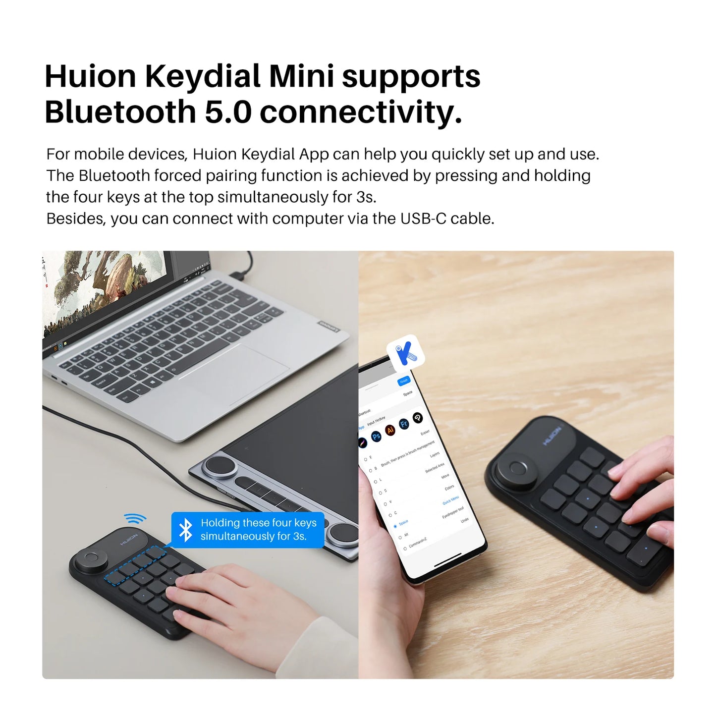 Huion Keydial K20 | Teclado Mini Inalámbrico con 18 Teclas Personalizables y Dial para Tabletas Gráficas, PC y Móviles