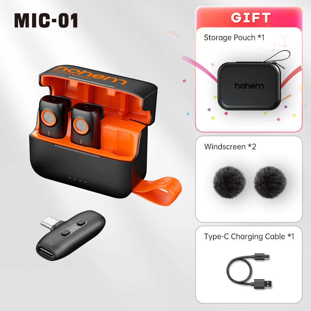 Hohem MIC-01 Wireless Lavalier Lapel Microphone for iPhone Android SmartPhone PC Computer USB-C Devices Youtube Recording Stream