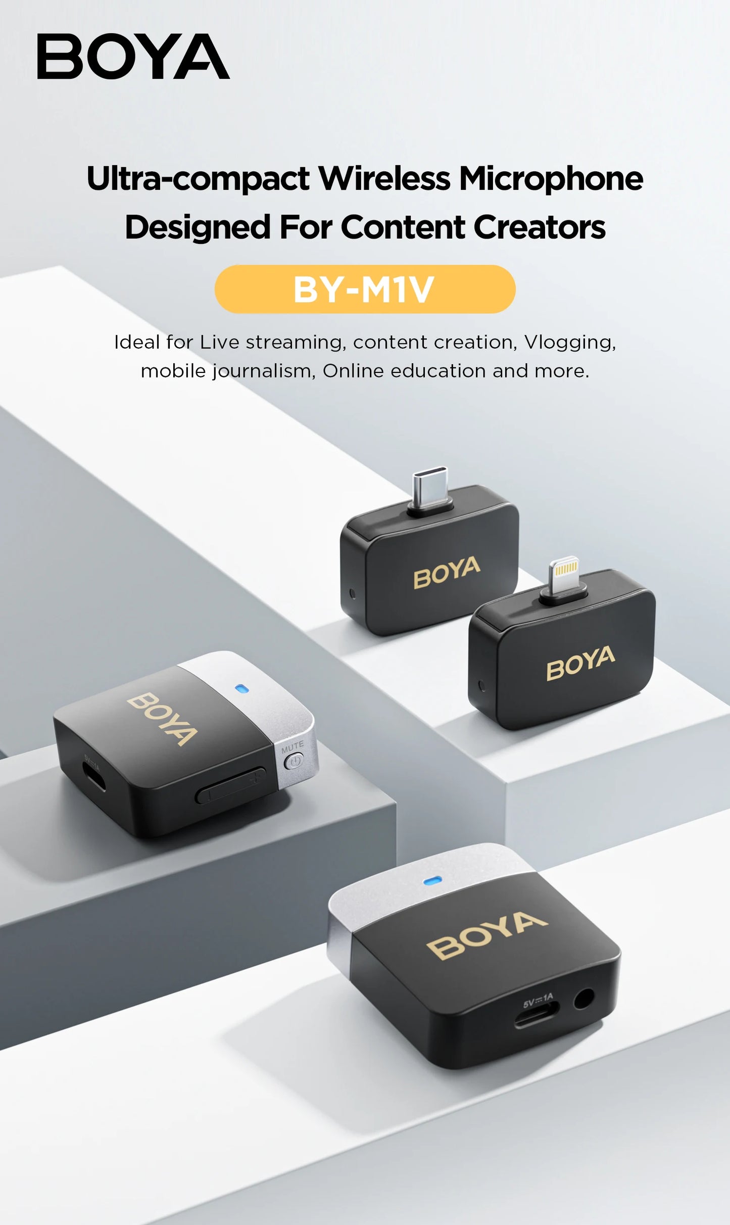 BOYA BY-M1V – Micrófono Lavalier Inalámbrico para iPhone, Android, PC y Cámaras (60m + Cancelación de Ruido)