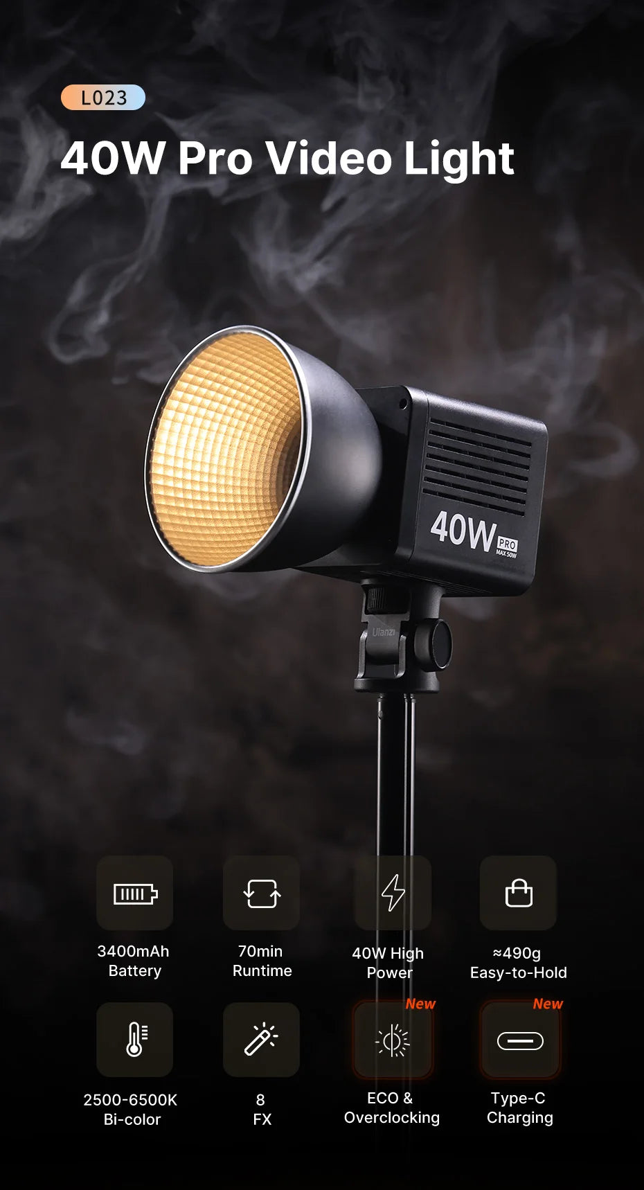 Ulanzi L023 40W Pro Video Light Mini Bowens Mount COB Light Bi-color 2500-6500K 3400mAh Video Light for Photography