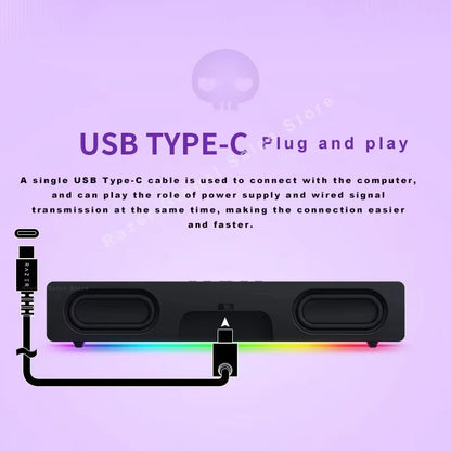 Razer x Sanrio Kuromi — Barra de Sonido Gamer Compacta con Chroma RGB, Bluetooth 5.0, Mic Integrado (2.0) para PC/Laptop/Smartphone/Tablet