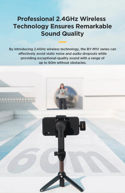 BOYA BY-M1V – Micrófono Lavalier Inalámbrico para iPhone, Android, PC y Cámaras (60m + Cancelación de Ruido)
