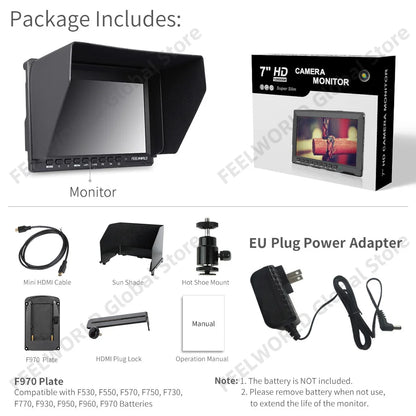 7 Inch Field Monitor HDMI Camera DSLR LCD IPS HD 1280x800 Video Assist External for Nikon Sony Canon Camera Gimbal FW759