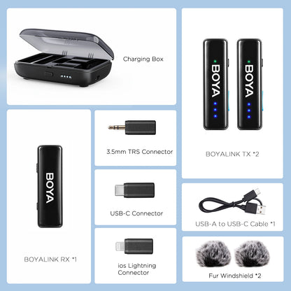 BOYA BOYALINK 2 – Micrófono Lavalier Inalámbrico (300m, 24bit, con Estuche de Carga) para iPhone, Android y Cámaras DSLR
